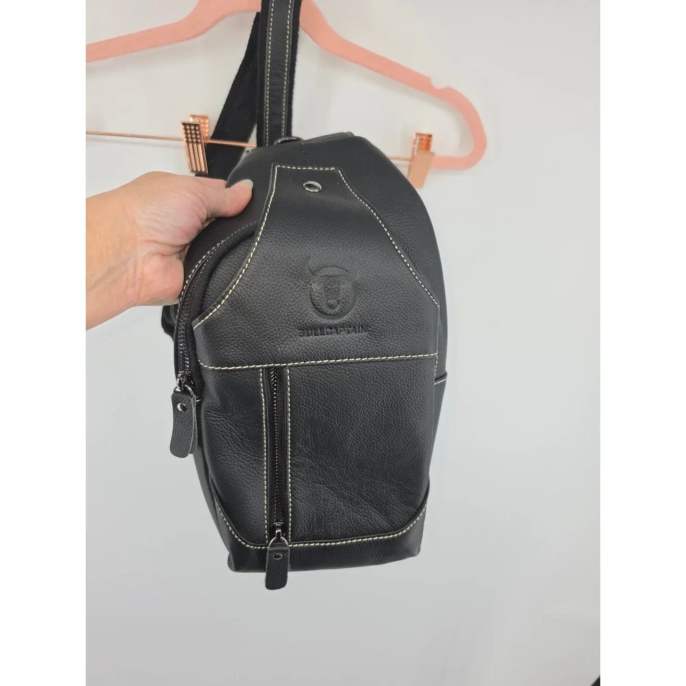 BullCaptain Mens Black Leather Sling Bag Crossbody Chest Pack Travel YB-07 Black
